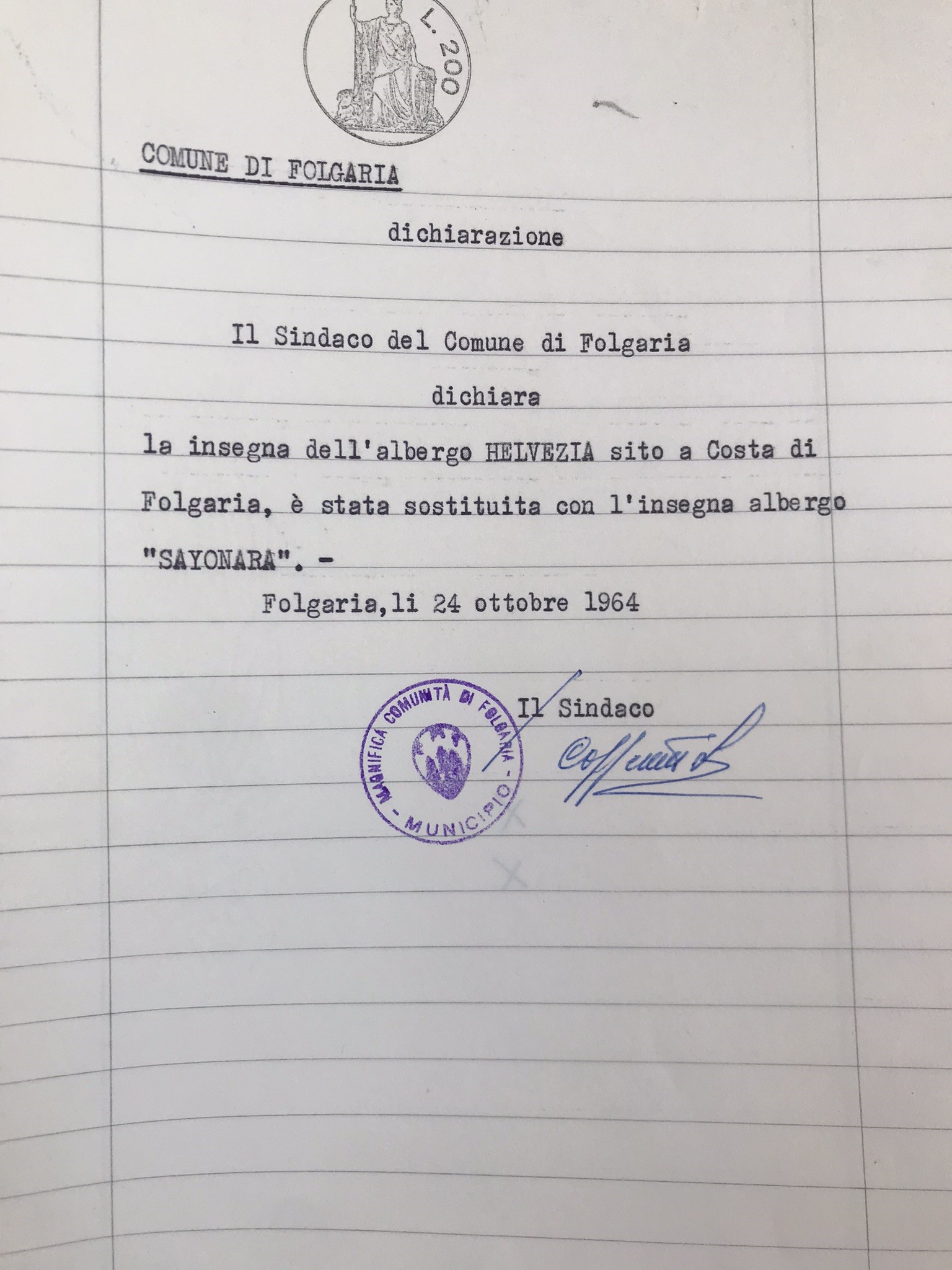 Cambio nome Hotel Helvetia in Hotel Sayonara